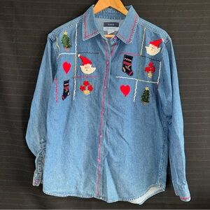 Vintage Sara Studio Embroidered Denim Long Sleeve Shirt Santa Tree Christmas M